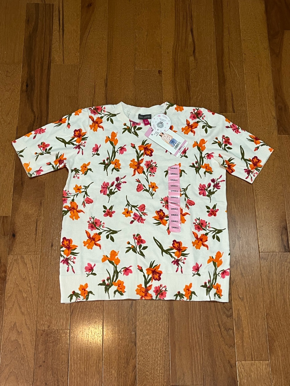 Floral Vince Camuto Short-Sleeve Cream Knit Top Pink & Orange Floral